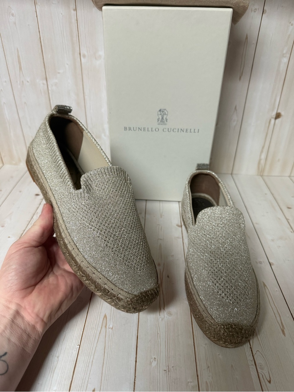 Brunello Cucinelli Monili Detail Metallic Espadrille Flats Sz 38 / 8 - Picture 7 of 12